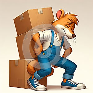 Overworked Cartoon Fox with Cardboard Boxes