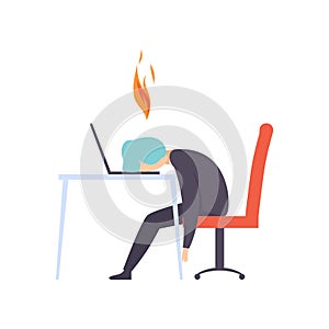 Overworked exhausted man sitting at his working place with computer in office, businessman with burning brain, emotional