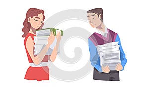 Overworked male and female employees carrying heavy stack of document folders cartoon vector illustration