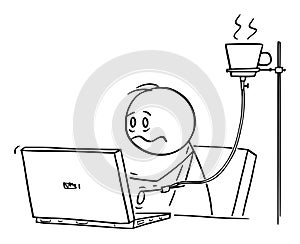 Overworked or Tired Office Worker, Man or Businessman Working on Computer With Coffee Infusion, Vector Cartoon Stick