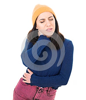 Overworked young woman have a pain in neck, isolated on white background. Tired female with closed eyes