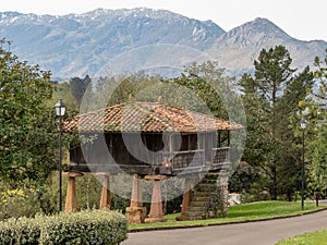 OVIEDO, SPAIN - APRIL 04, 2024: Horreo - typical asturian granary or storehouse in the Inverno public park in the Oviedo,Asturias photo