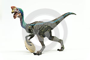 Oviraptor with stolen egg on white background