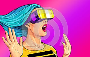 Ow! Excited  girl in a VR glasses surprised with what she saw. She is touching something