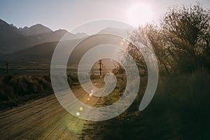 Owens Valley rural road at sunset