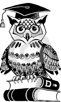 Owl academician - simbolic cartoon owl sitting on books photo