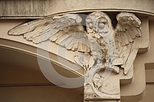 Owl. Art Nouveau building decoration in Prague, Czech Republic.