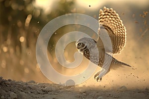 owl ascending from ground, dust particles visible in air