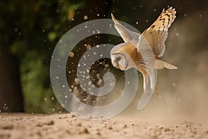 owl ascending from ground, dust particles visible in air