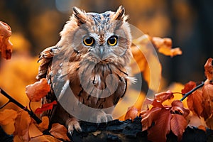 owl in autumn forest, concept of golden autumn.