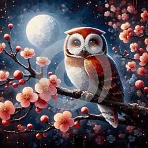 Owl background painting cherry blossom night ai generator