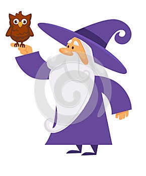 Owl bird on hand of wizard making magic, isolated character