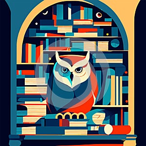 Owl and books in the library. Vector illustration in flat style AI Generated