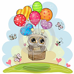 Owl in the box is flying on balloons