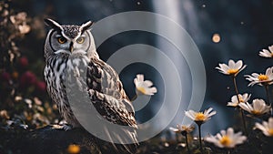owl on a branch Fantasy waterfall of silver, with a landscape of moonlit rocks and flowers, with a Dry Nur waterfall