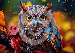an owl with bright eyes sits on a branch surrounded by colorful leaves