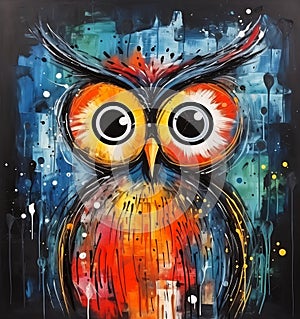 Owl with a bright red background and open eyes