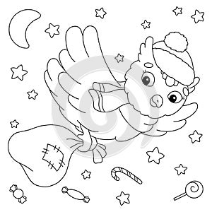 An owl carries a sack of gifts for Christmas. Coloring book page for kids. Cartoon style character. Vector illustration isolated