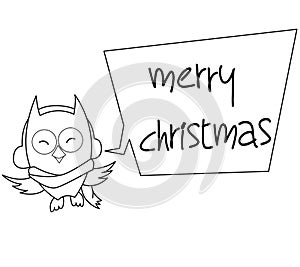 Owl Cartoon Christmas Illustration Black White