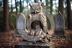 Owl on cemetery gravestone in darkness. Generate ai