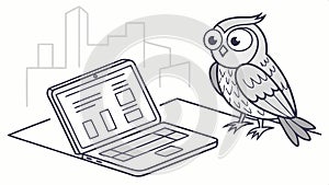 Owl character using a laptop computer technology and learning vector design Generative AI