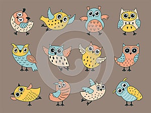 Owl characters. Funny decorative birds with stylized feathers recent vector cute pictures in boho style