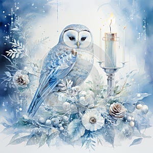 Owl in Christmas setting watercolor painting