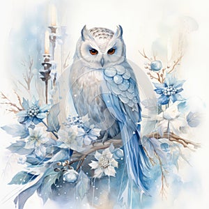 Owl in Christmas setting watercolor painting