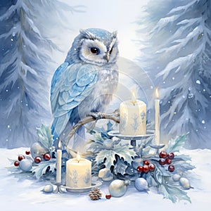 Owl in Christmas setting watercolor painting