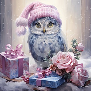 Owl in Christmas setting watercolor painting