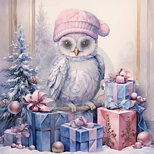 Owl in Christmas setting watercolor painting