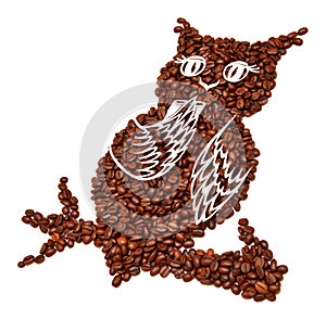 Owl from coffee beans. Owl drinking a cup of coffee