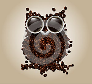 An owl of coffee beans, and two cups of black coffee are her eyes. Highly realistic illustration