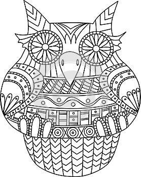 Owl contour vector image. Stripes tribal pattern. Cartoon style bird for coloring book and other.