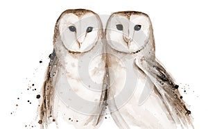Owl Couple Watercolor isolated on white background. Watercolour Brown Bird Art illustration