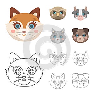 Owl, cow, wolf, dog. Animal`s muzzle set collection icons in cartoon,outline style vector symbol stock illustration web.