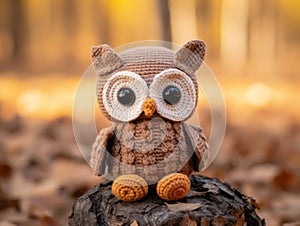 an owl crocheted toy sits on top of a stump