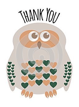 Owl cute character with hearts for feathers greeting card with t