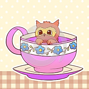Owl Cute little funny kawaii animal pet illustration in a tea coffee cup cartoon vector print illustration