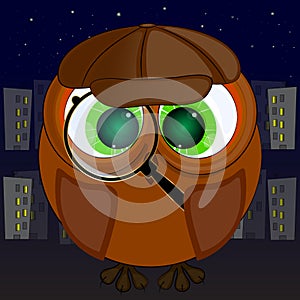 Owl detective with a magnifying glass. vector cartoon illustration.