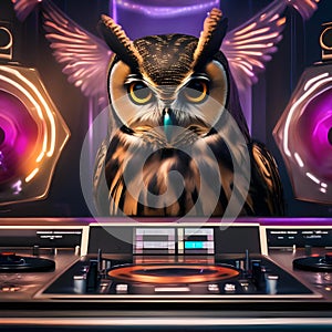 An owl in a DJ booth, spinning records for a woodland dance party5