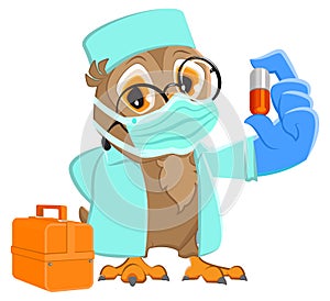 Owl doctor in medical mask holds pill medicine. Coronavirus protection medical mask