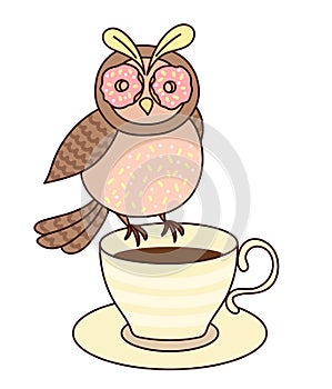 Owl with donuts instead of eyes. Funny bird sitting on cup of coffee. Cute illustration on white background