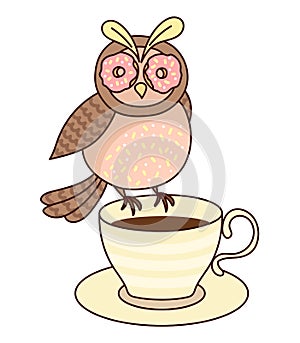 Owl with donuts instead of eyes. Funny bird sitting on cup of coffee. Cute vector illustration