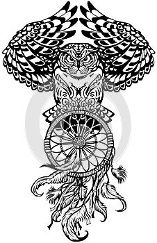 Owl with dreamcatcher. Black and white