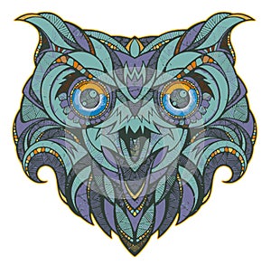 Owl engraving pattern head design for t-shirt.Colorful pattern owl head illustration