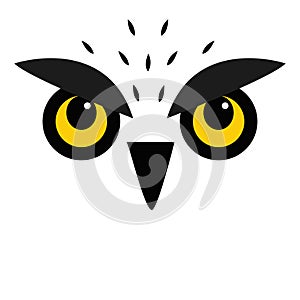 Owl face icon. Bird with big yellow eyes, beak nose, brows, fur. Cute eagle owl. Kawaii cartoon funny character. Forest birds