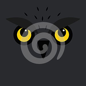 Owl face icon. Cute eagle owl. Kawaii cartoon funny character. Bird with big yellow eyes, beak nose, brows, fur. Forest birds