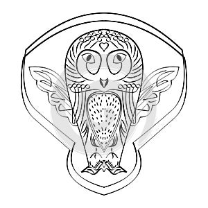 Owl figure tatoo, calligraphic line drawing, symmetric owl bird, black and white design, wisdom symbol
