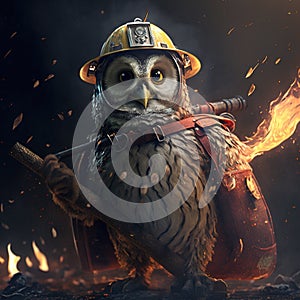 Owl fireman puting out the fire. Generative AI